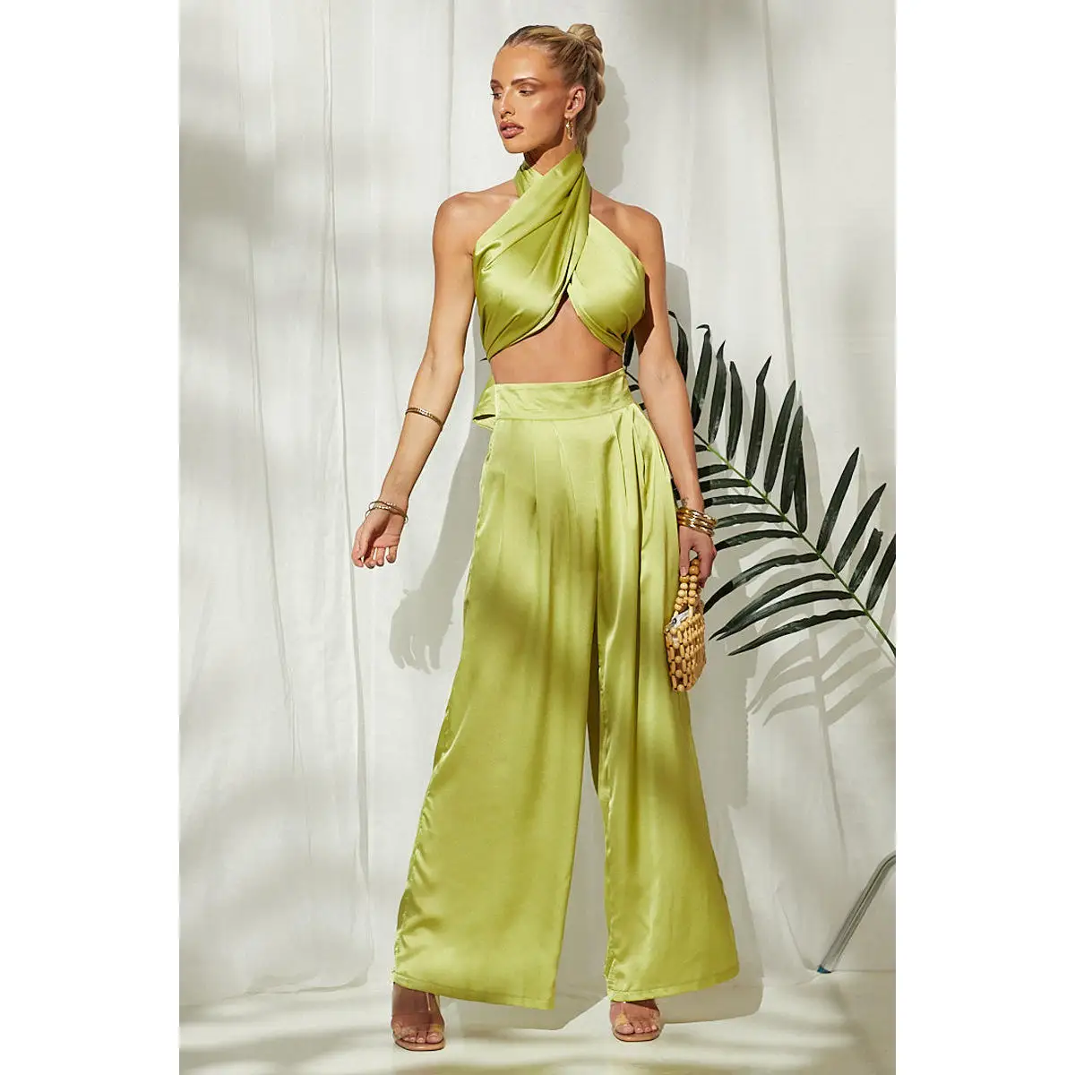 202 الصيف لون نقي التفاف الصدر Ne معلقة بنطال ذو قصة أرجل واسعة قطعتين مجموعة المرأة Faion Ensemble Ele حصيرة تصميم