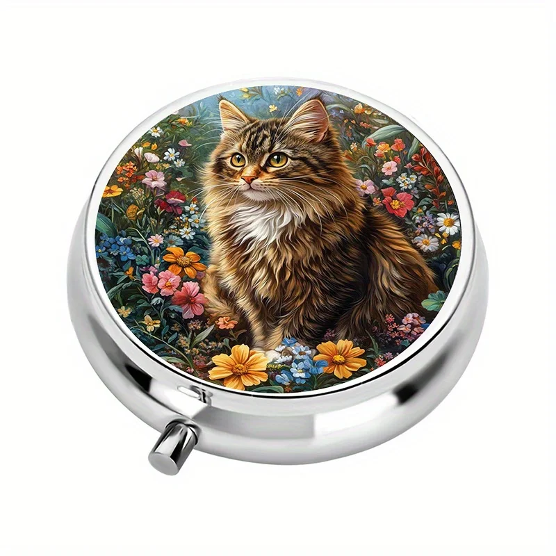 1-piece three-compartment pill box with cat-themed garden floral pattern, pill storage box, portable or decorative vitamin organizer for handbags