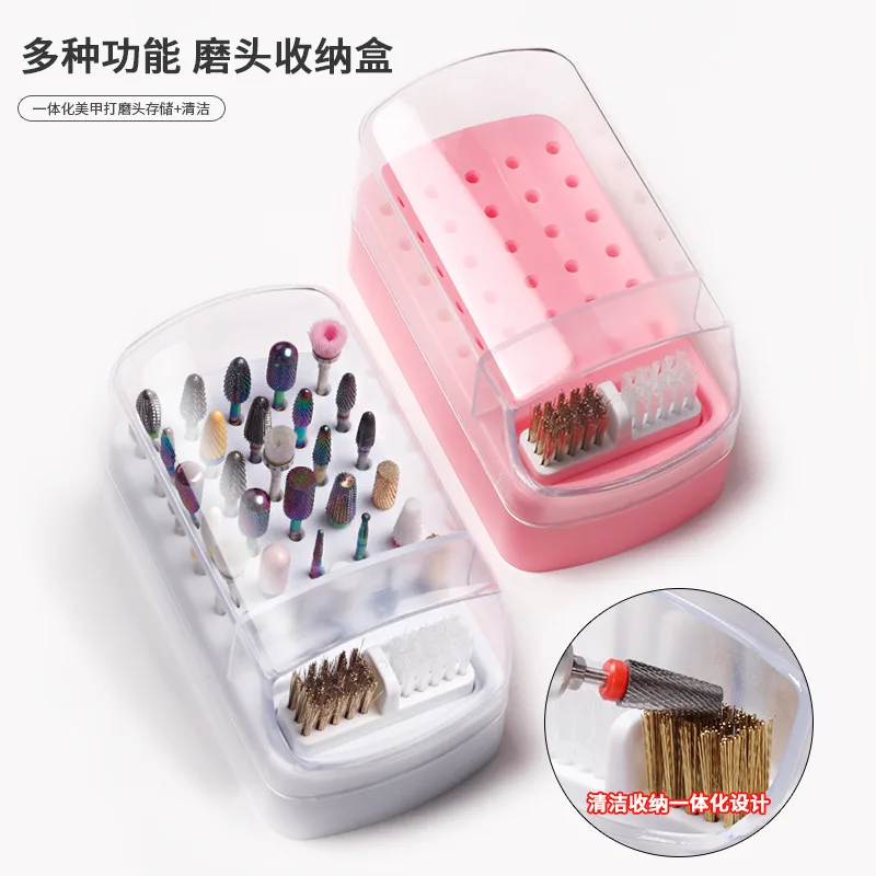 2 em 1 caixa de armazenamento de brocas de unhas 30 furos com escova de limpeza manicure salão de moagem cabeça titular exibição acessório da arte do prego