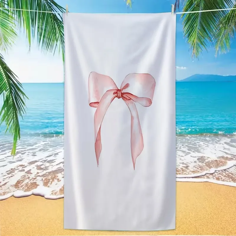 Watercolor Pink Bow Beach Towel Minimal Coquette Aesthetic Ribbon Graphic Absorbent Quick Dry Soft Towel for Summer Beach