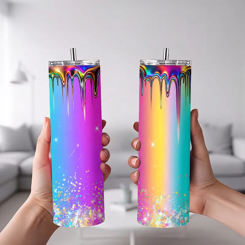 1pc 20oz Rainbow Drip Glitter Sparkle Stainless Steel Insulated Tumblers Coffee Office Travel Mug with Lid Cup Daily Use Leakproof And Bpa Free Keep Drink Hot And Cold Ideal Gift for Friends Family Colleagues
