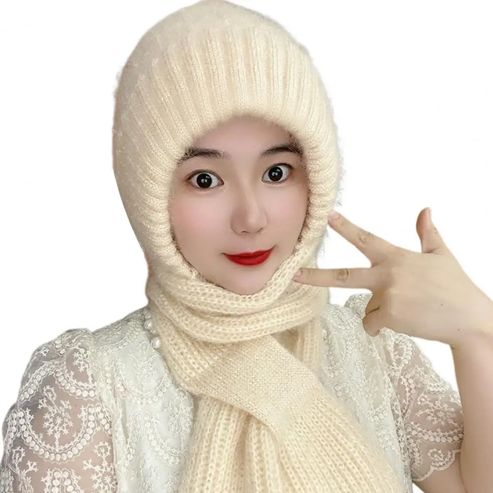 Winter Integrated Hat Women Scarf Thickened Knitted Ear Neck Head Windproof Balaclava Neck Wrap Combo Hat