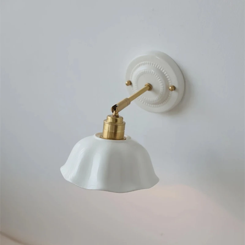 

White Ceramic LED Wall Light Fixtures Copper Arm Socket Bedroom Living Room Beside Wall Lamp Modern Lighting Applique Murale