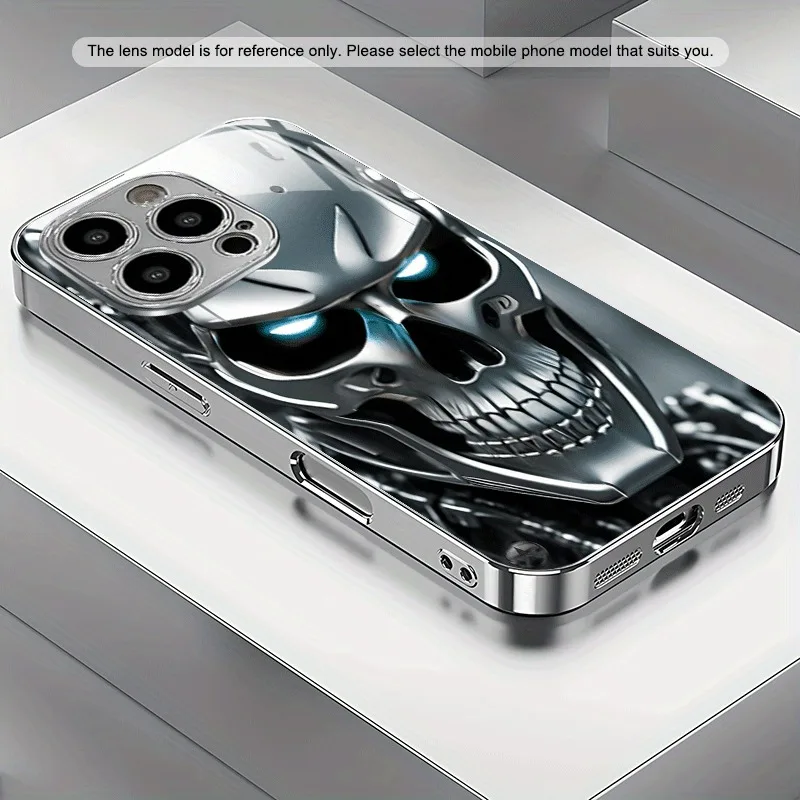 Silver Skull Pattern Tempered Glass Electroplated Phone Case For iPhone 17 16 15 14 13 12 11 Pro Max 14 15 Plus 16E 17 Air Cover