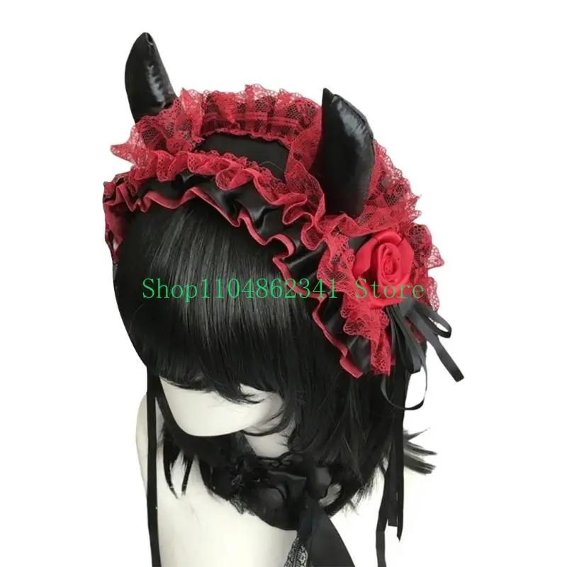 5asd Vintage Gothic Lace Devil Horn Headband Comfortable Cosplay Headpiece For Women Music Festival Halloween Cosplay Event