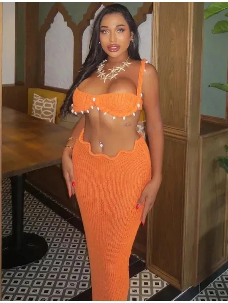 

Sexy Knit Crop Top Skirts Set Women Shell Backless Sleeveless Tanks Hip Package Split Long Skirt New Female Beach Outfits PP1Z