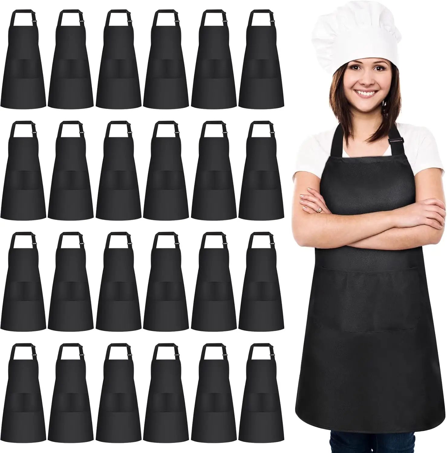 Paquete de 24 Delantales Ajustables con 2 Bolsillos, Delantales Negros al por Mayor para Camareros, Delantales de Cocina para Mujeres Adultas, Resistentes al Agua y al Aceite