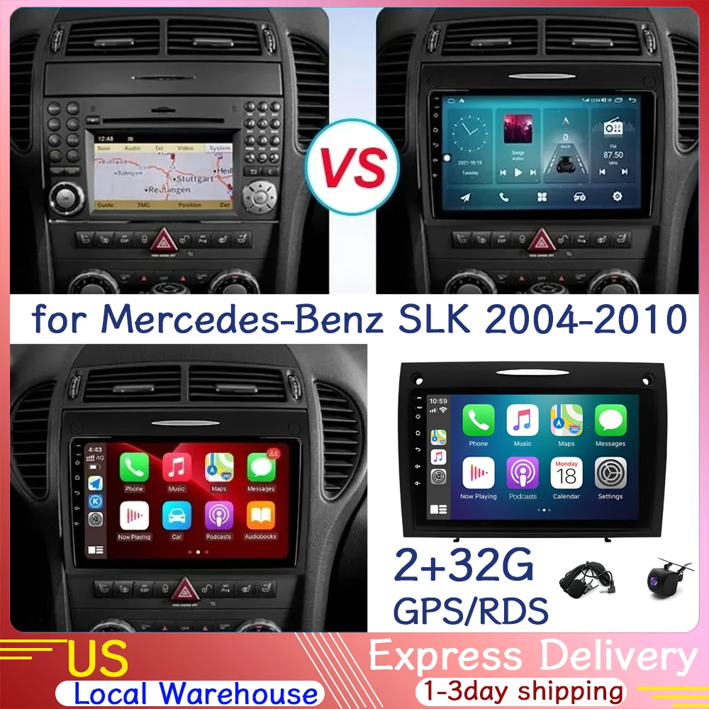 Car Stereo Multimedia Video Player GPS Navigation 9'' with Android13 Carplay for Mercedes-Benz SLK (with silver trim) 2004-2010