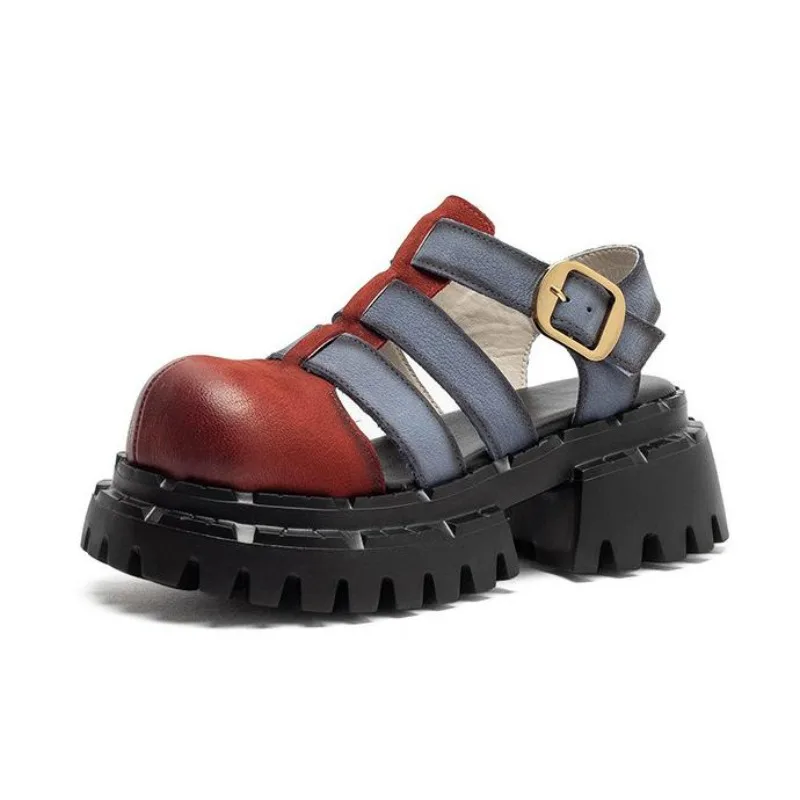 2026 Women Sandals Summer Shoes Mixed Colors Genuine Cow Leather Thick High Heel Chunky Platform Big Toe Casual Sandals