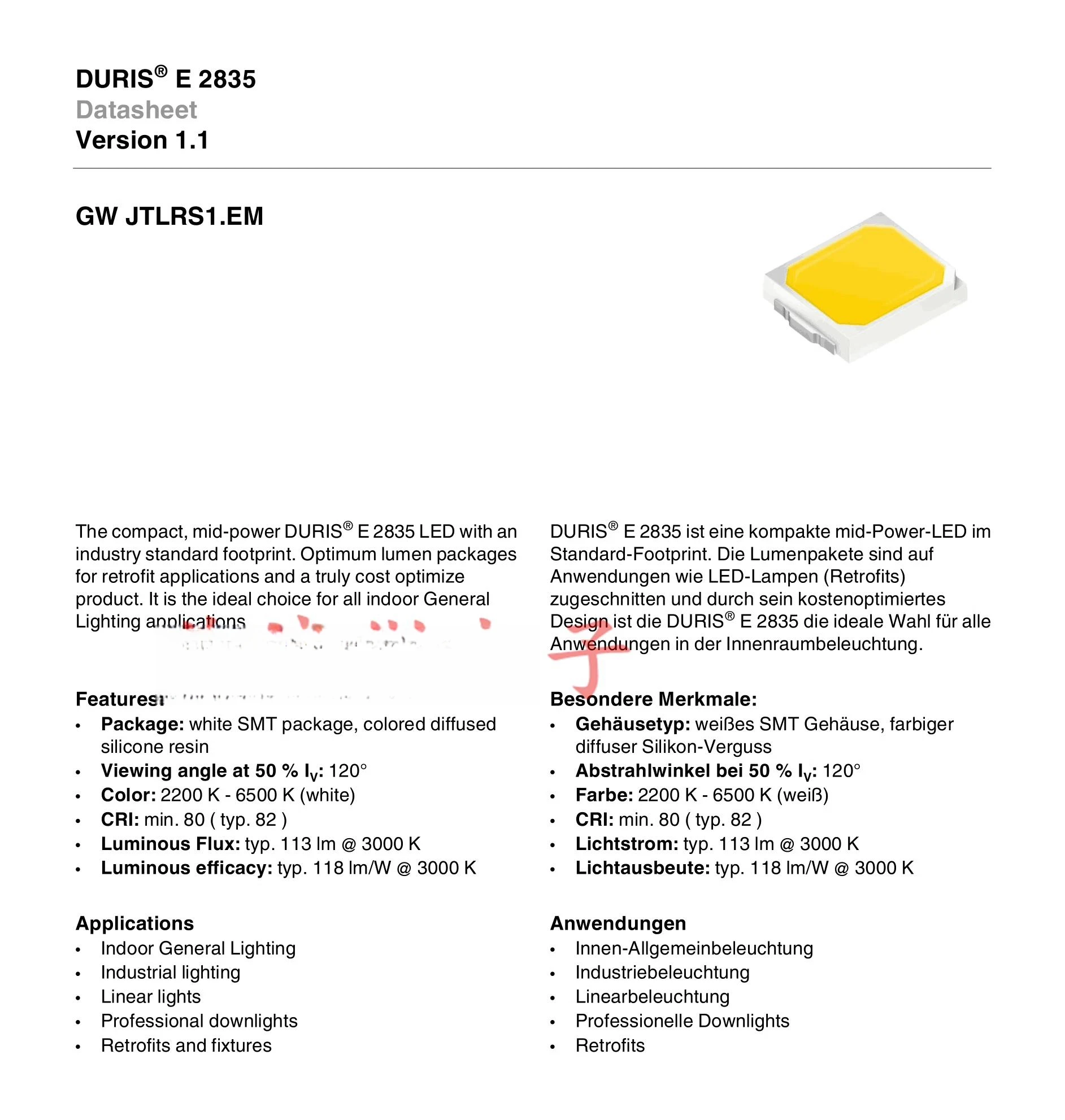 Osram-Patch ultra brilhante lâmpada LED grânulo, branco positivo, 5700K, GWJTLRS1.EM, 2835, 1W, 9V, 100pcs