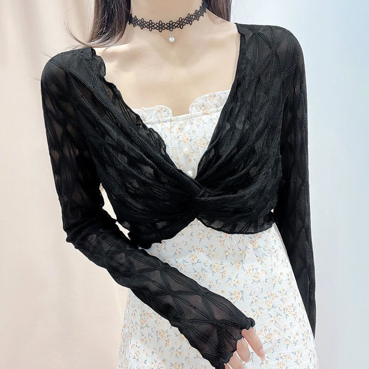 Damen Blumen-Spitzen-Shrug mit Offener Front, Langarm-Cardigan, Elegante Formelle Jacke für Kleider – Detail 4