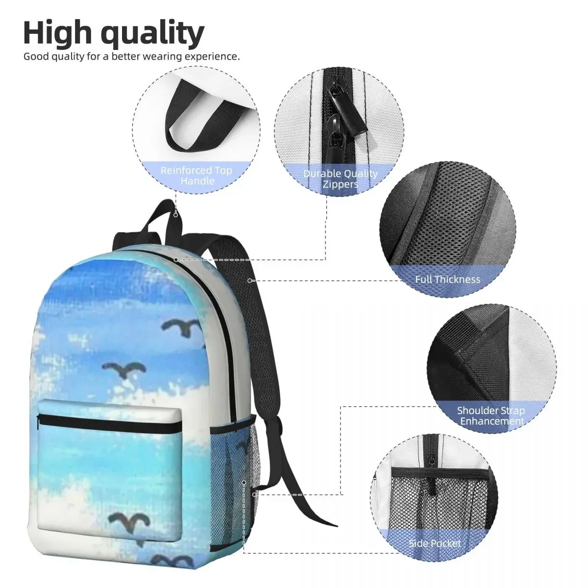 Blue Sky Clouds And Seagulls Print Backpack Daypack Large Capacity Kids BookBag School Bag Shoulder Bags for Men Women