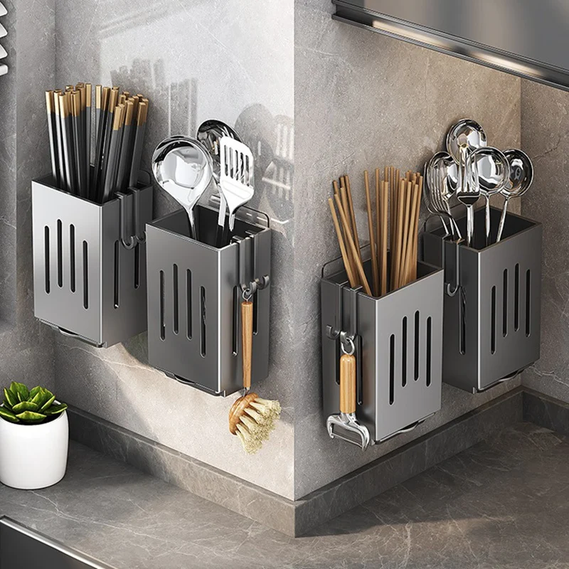 Kitchen Chopstick Holder Multi-Function Cutlery Holder No Need To Punch Holes, Wall-Mounted Spoon And Fork Holder