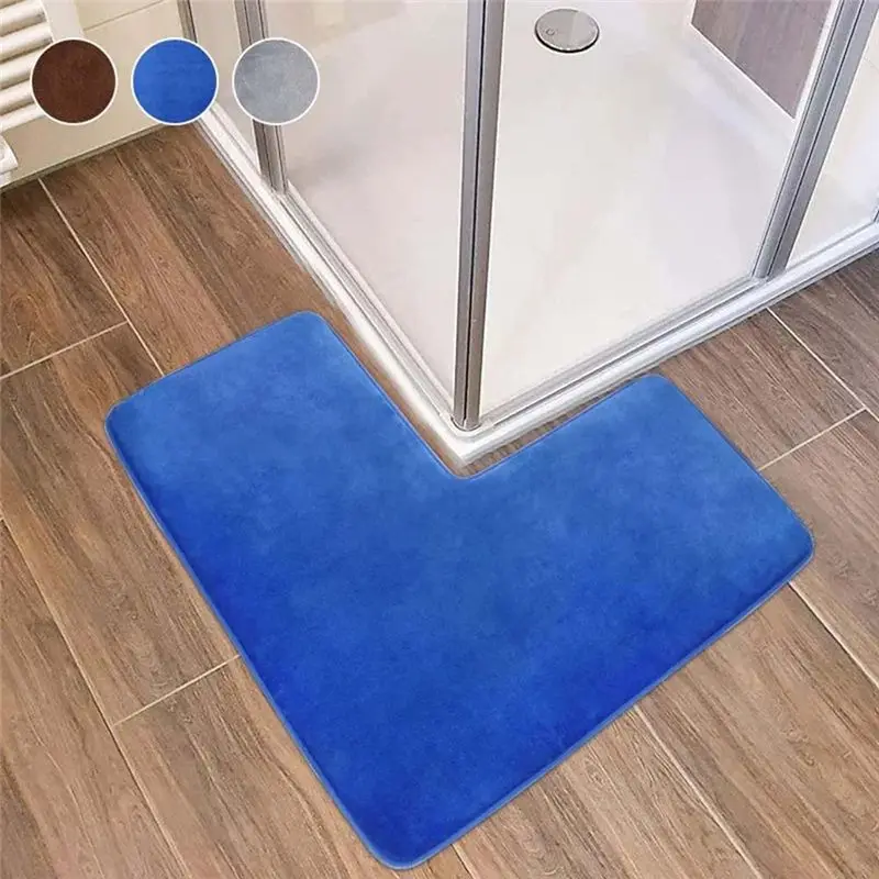 ABSS-Washable L-Shaped Bath Mat Soft Bathroom Floor Rug Washable Carpet For Square Showers B