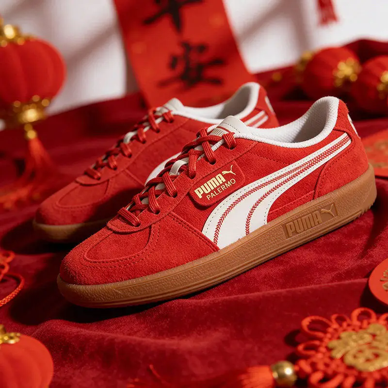

PUMA Unisex Retro Low Top Skate Sneakers 401856-01 Red White Gold Suede Upper Gum Sole Shoes