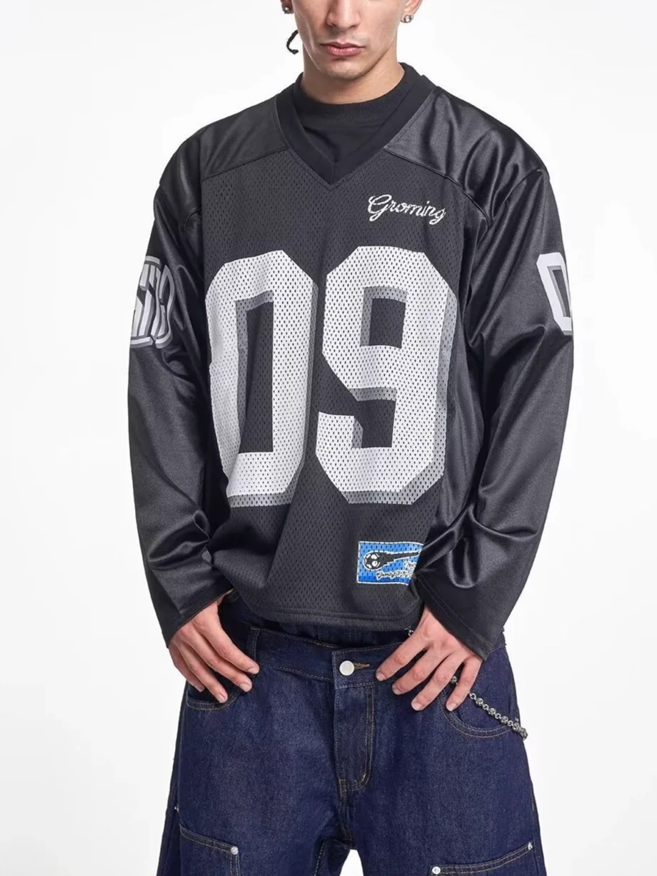 Men's Vintage American Football Jersey Graphic Print Mesh Long Sleeve T-Shirt Streetwear Oversized Casual Top