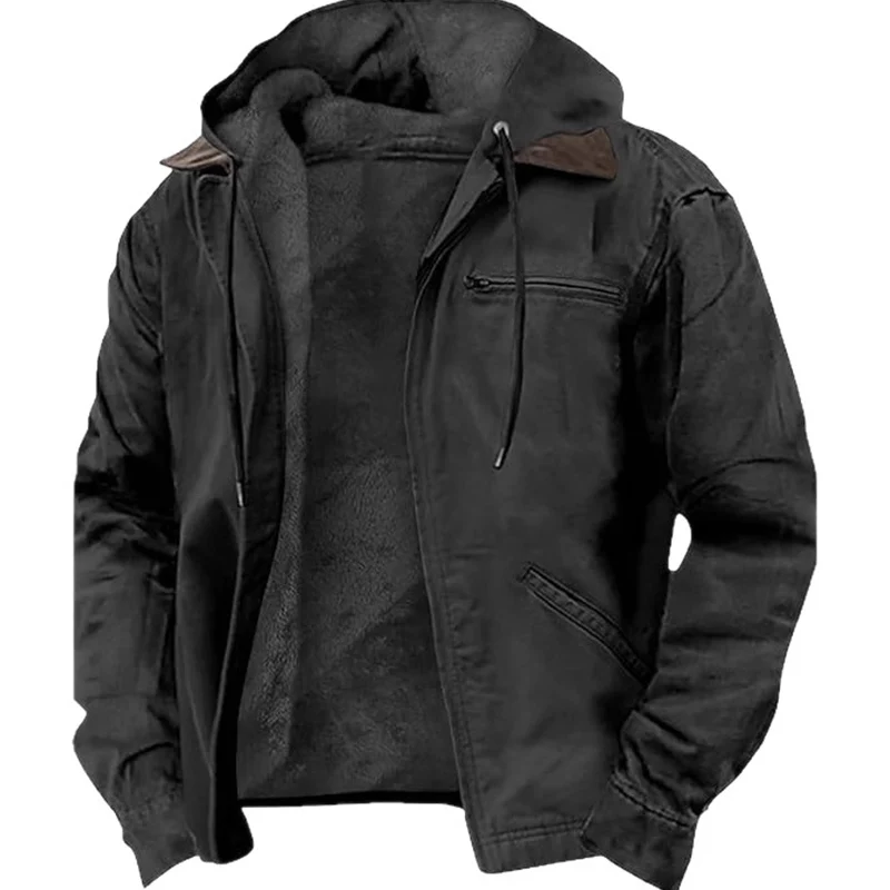 

Autumn Winter Casual Men's Fleece Lined Zipper Pocket Jacket Coat Cotton Thicken Warm Hooded Jacket Outwear Outfits Tops