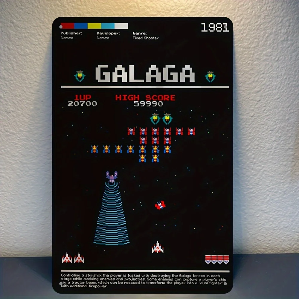 Galaga 1981 Retro Arcade Game Vintage Metal Tin Sign, Classic Namco Fixed Shooter Pixel Game Wall Art Decor, Rustic Game Room Ma