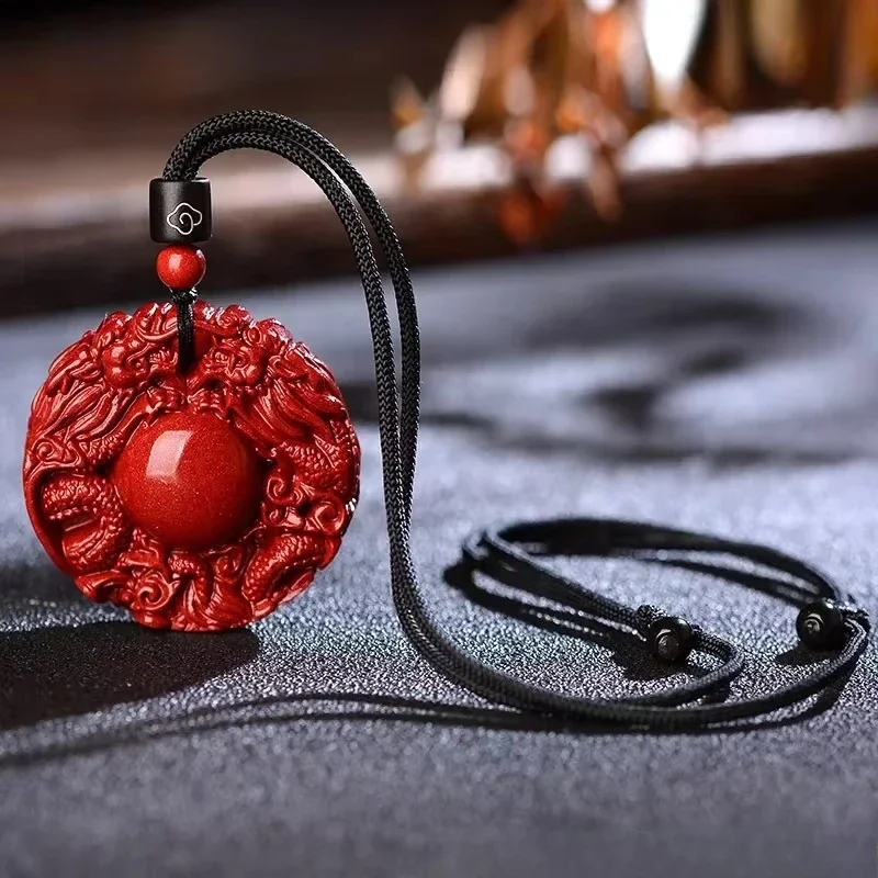 

Cinnabar Pendant Men's Chinese Dragons Safety Buckle Pendant Cinnabar Red Necklack Female Pendant Handmade of Natural Cinnabar
