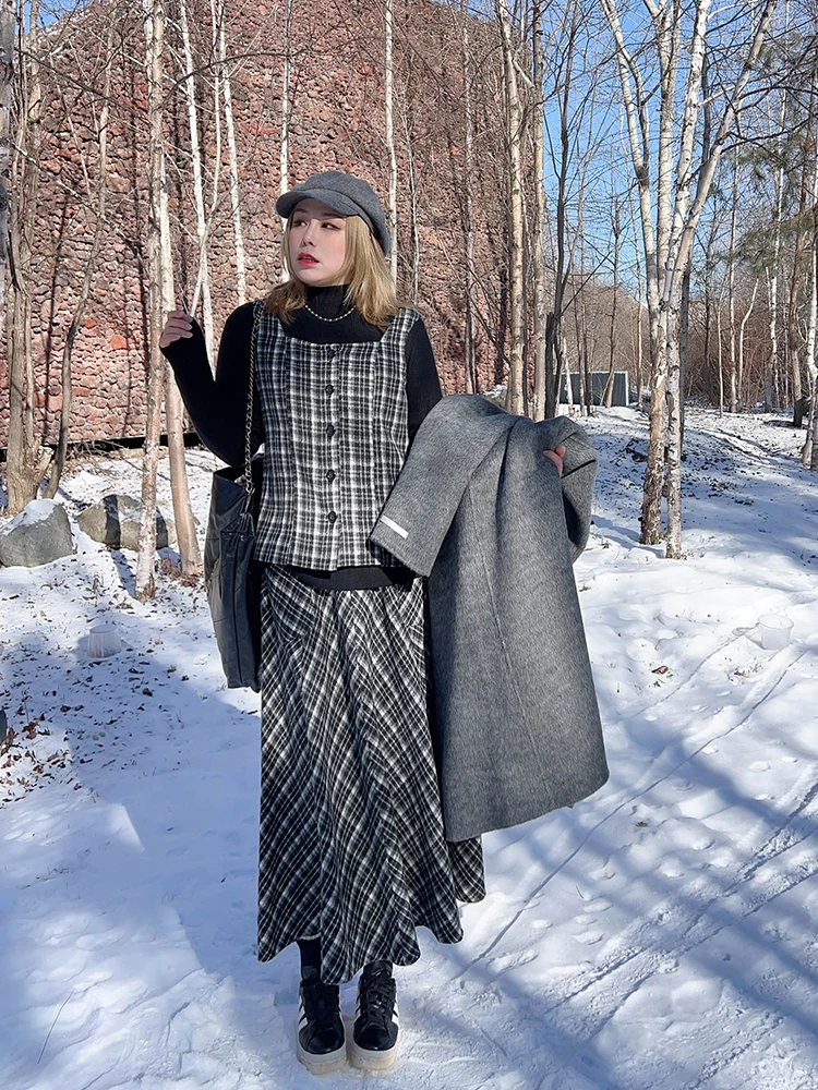 

Vogana Original Retro Plaid Fitted A-Line Skirt Set plus Size Winter Women's Clothing Set High Waist Long Skirt without Sve