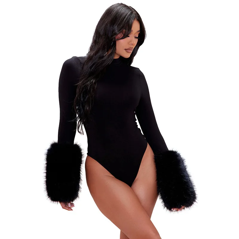 

BKLD Autumn New Women's Clothing Sexy Style Cuff Fur Patchwork Solid Color Bodysuits Party Clubwear One Pieces Long Sleeve Tops