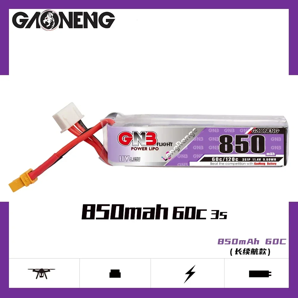 1/2 pçs gaoneng gnb 850mah 3s 11.4v 60c/120c hv lipo bateria xt30 plug para fpv racing drone 4 eixos uav quadcopter rc drone peças