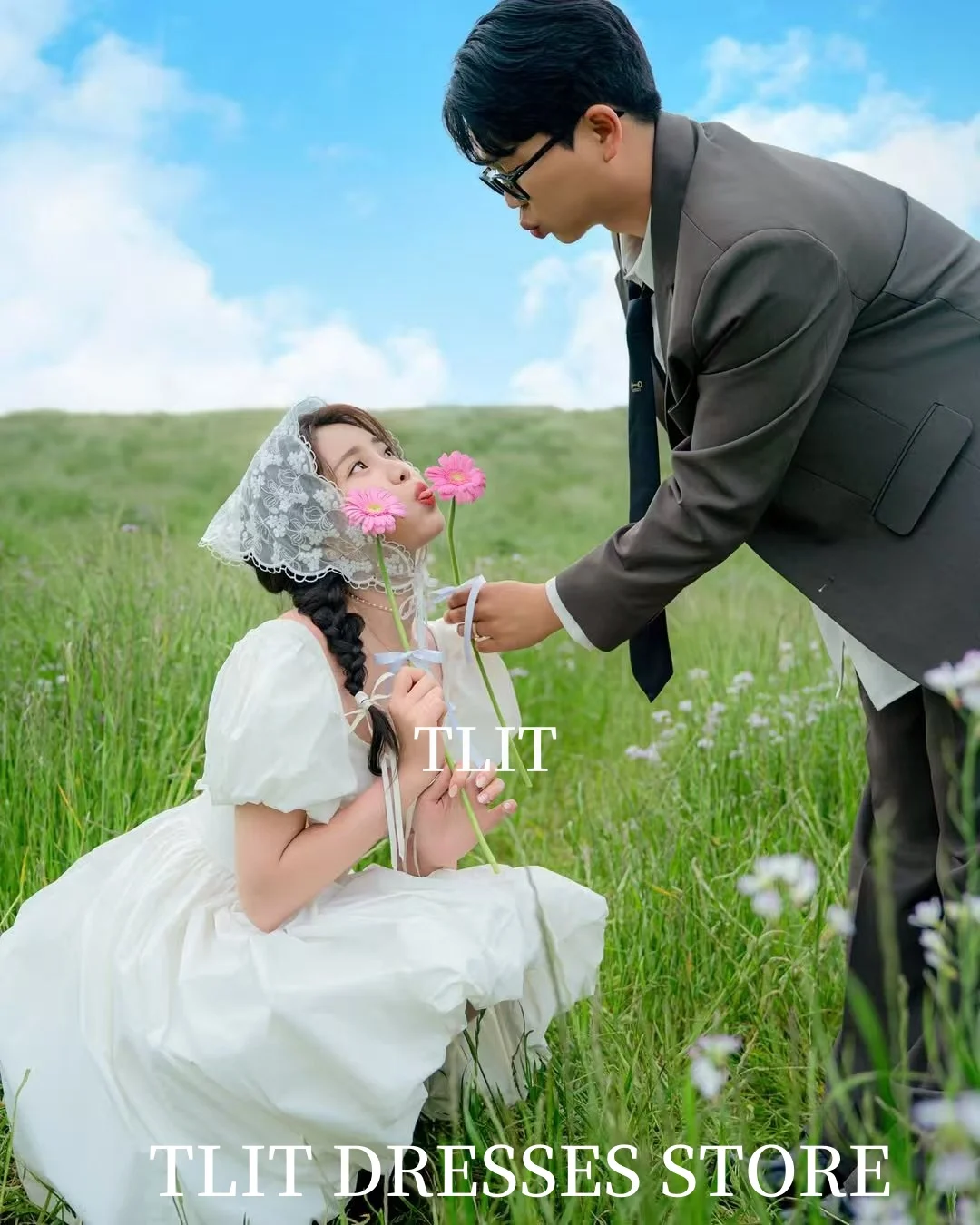 فساتين زفاف TLIT Korea صغيرة من الحرير التفتا بأكمام منتفخة فستان زفاف أنيق لالتقاط الصور مصنوع حسب الطلب للعروس