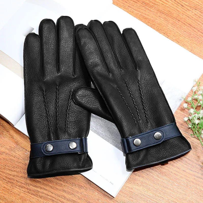 Real Leather Men Gloves Fashion Black Thermal Plushed Lining High Quality Deerskin Driving Gloves Male LDM9117