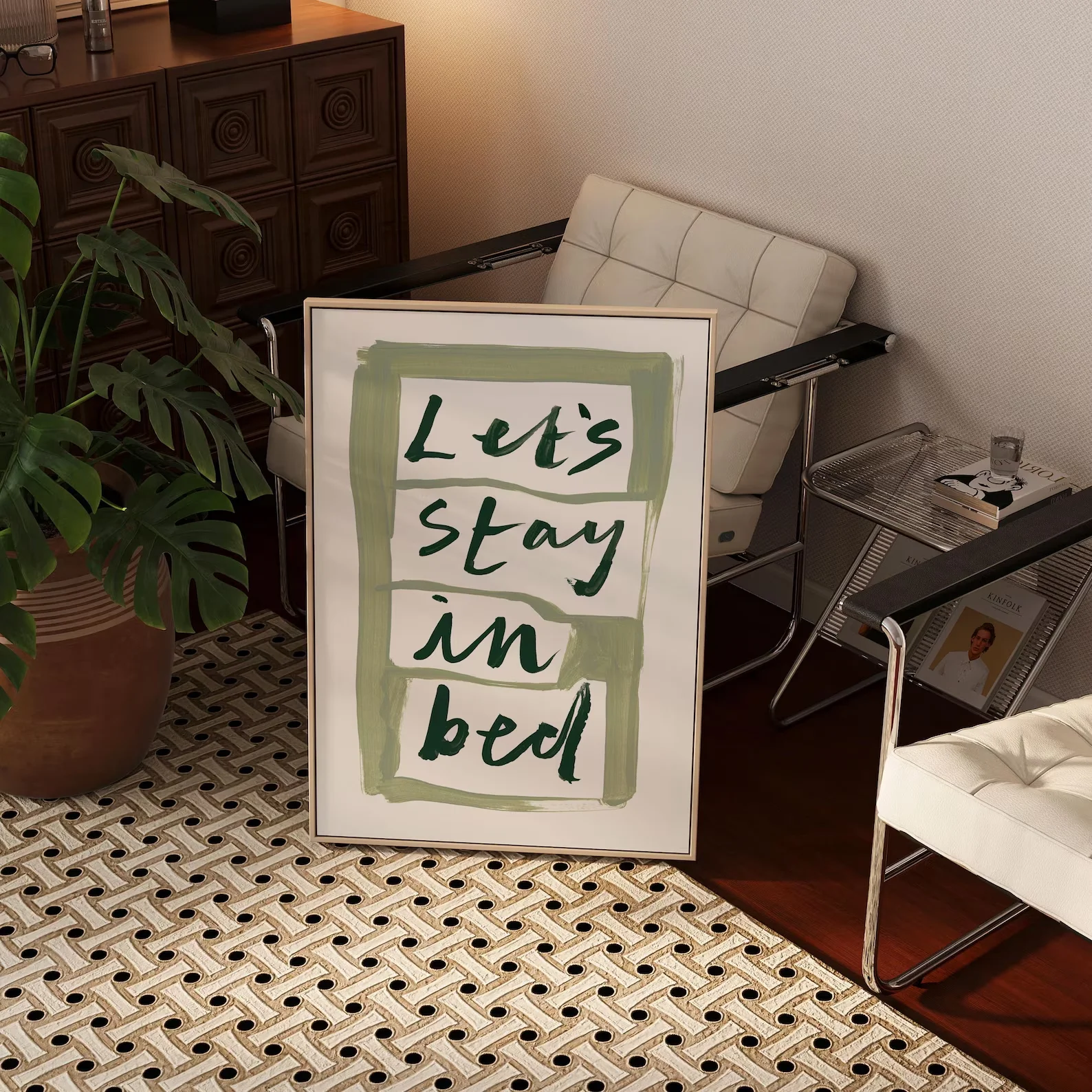 Let's Stay In Bed Art Print: Hand Painted Sage Green Typography