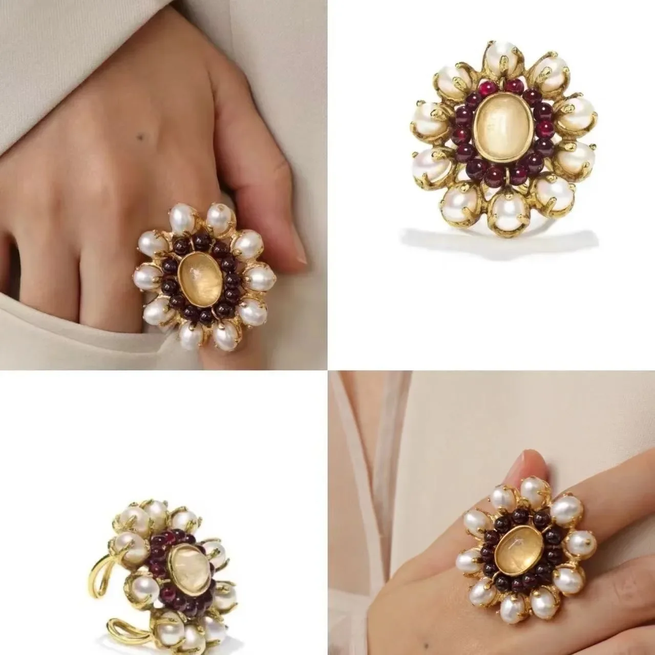 French Niche Natural Baroque Pearl Red Pomegranate Inlaid Open Ring Retro Style