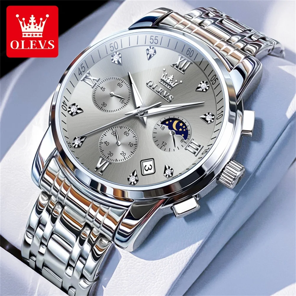 

OLEVS 2858 Мужские часы Элитный бренд Кварцевые часы Классические HD Водонепроницаемый календарь Фаза Луны Хронограф Деловой тренд Мужские часы