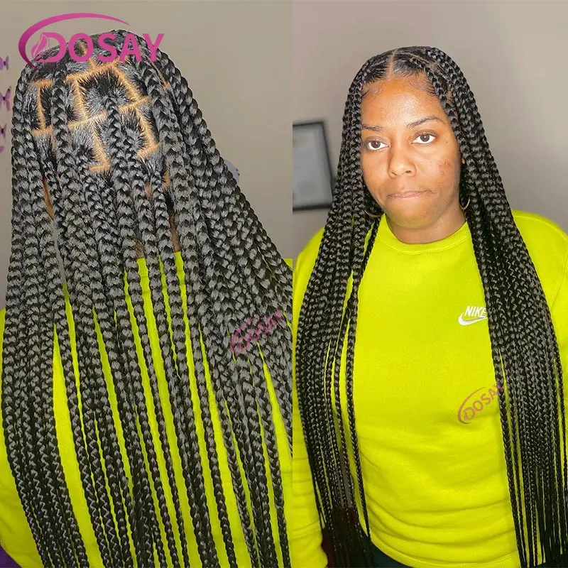 36Inch Grote Vierkante Knooploze Doos Gevlochten Pruiken Synthetische Full Lace Front Jumbo Box Gevlochten Pruik Voor Vrouwen Cornrows Vlechten Pruik