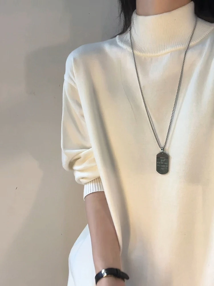 

Thiened Long Sve Men's Knitted Sweater f High Collar Inner Wear White Autumn Winter Outerwear Cleanfit Base Layer Top