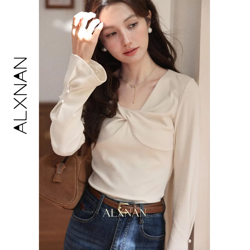 ALXNAN 플러스 사이즈 트위스트 브이넥 풀오버 2025 가을 플레어 커프스 긴팔 스웨터 캐주얼 여성 부드러운 패션 니트웨어 D12535-2