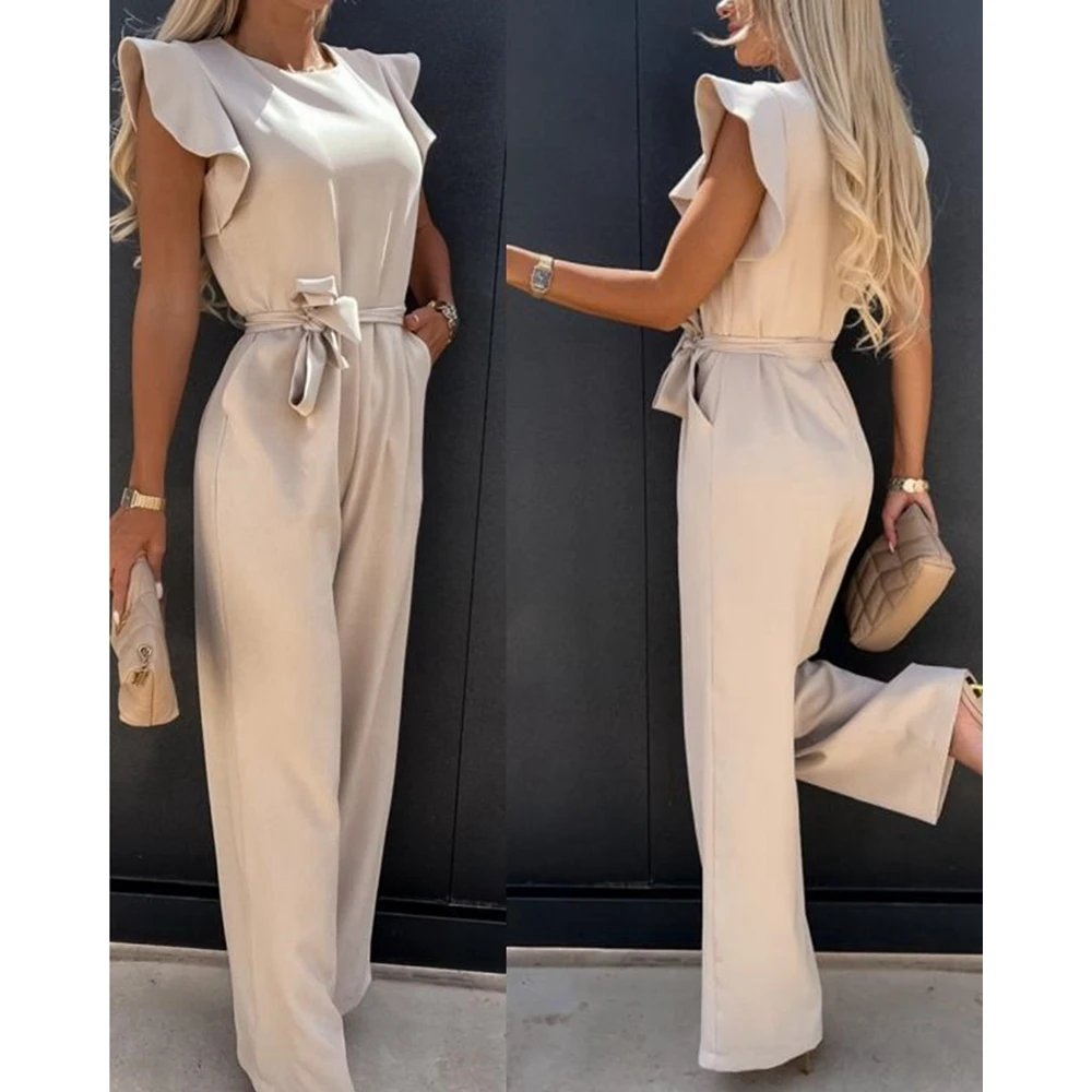 Women Sexy Ruffles Sleeveless Straight Leg Jumpsuit Solid Color Round Neck Belted Jumpsuits Elegant One-Piece Party Outfits