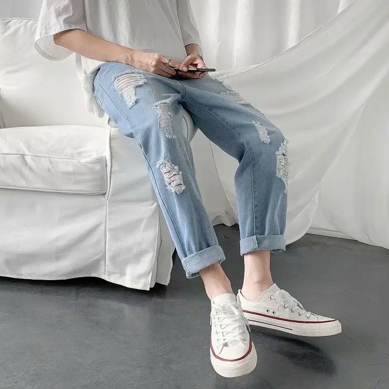 

Loose Men's Skinny Jeans Tear Hole Design Thin Style Casual Straight Leg Jeans Autumn Fashion Low Waist Long Trousers