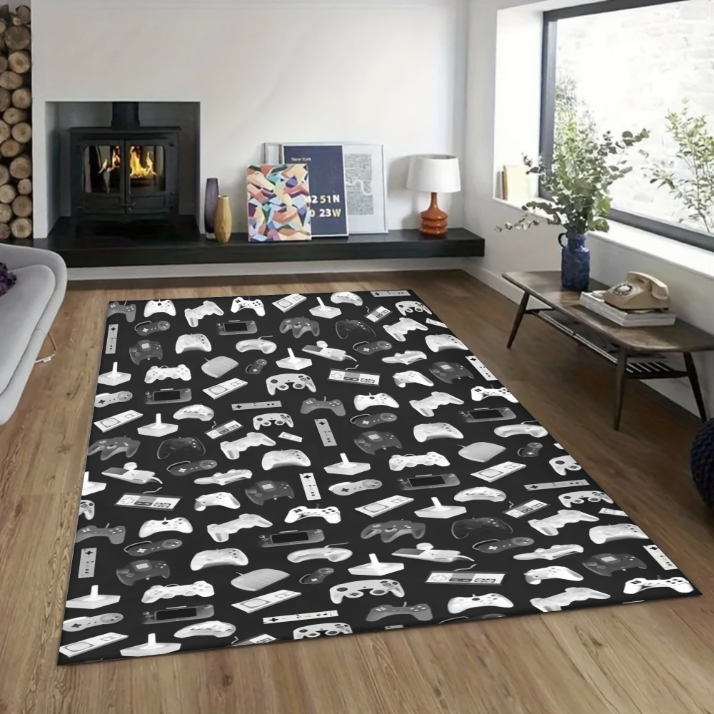 

Black White Gaming Controller Pattern Rug, Non-Slip Game Room Carpet & Man Cave Floor Mat, Dorm Bedroom Living Room Decor