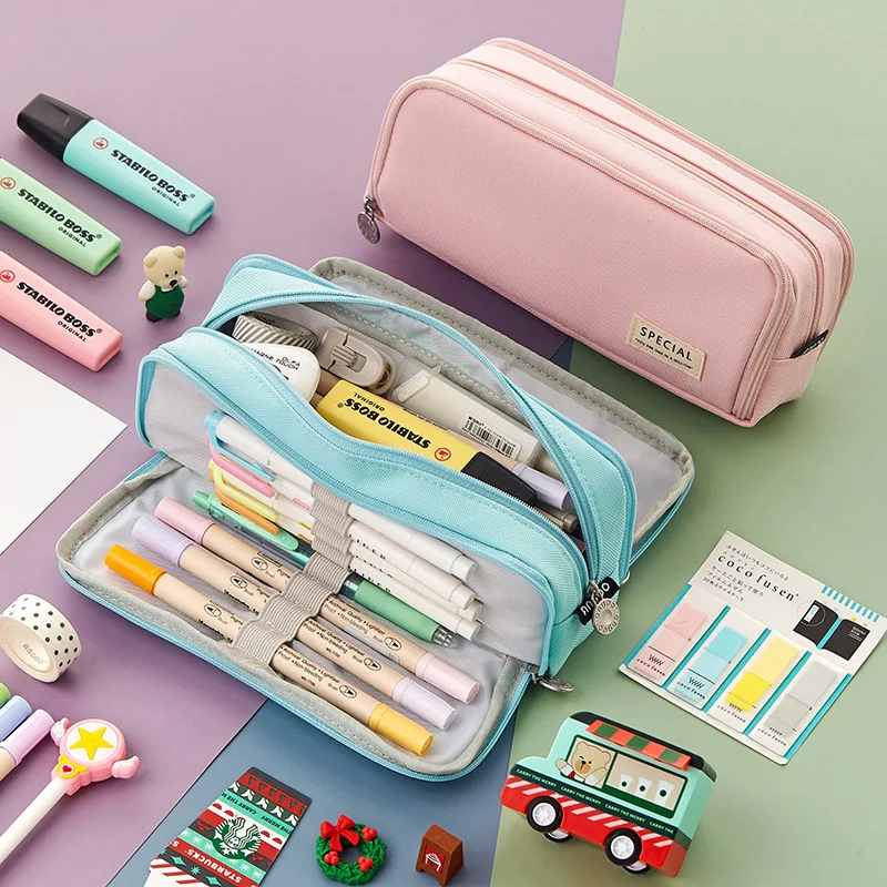 CHEN LIN 1Pcs Large Capacity 3 Compartment Pouch Pencil Case Double Side Opening Pen Bag Simple Solid Color Student Stationery