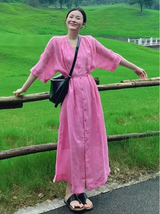 

Elegant Pink Summer Dress Waist-Cinching A-Line Skirt Long Sleeve round Neck Casual Commute Style Soft Fabric