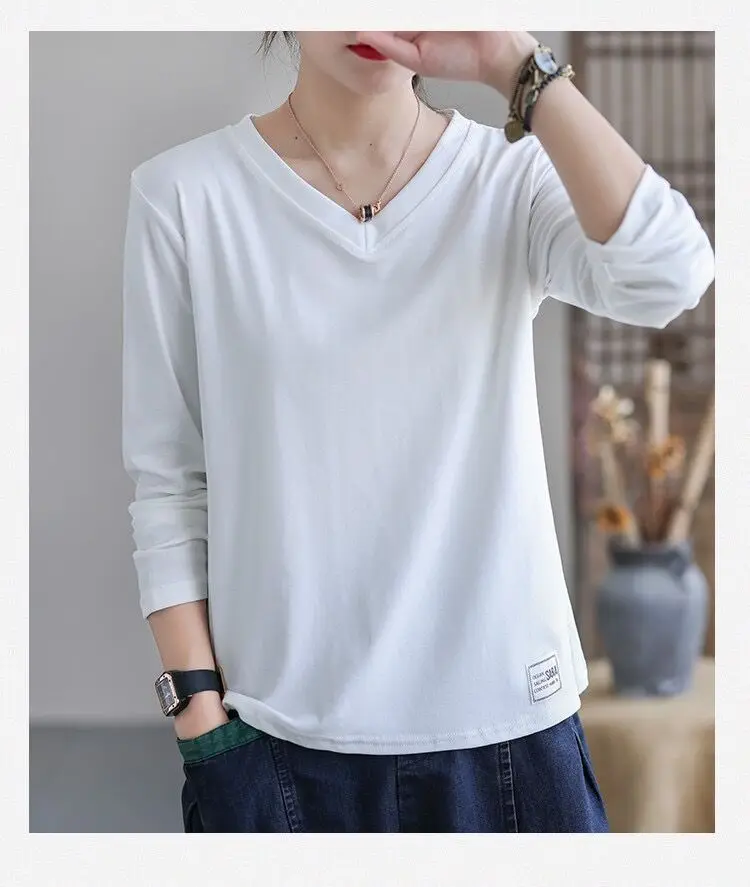 

Plus-size Women's Spring and Autumn Solid Color Slimming V-neck Long-sleeve T-shirt (Can be worn as inner or outer layer)