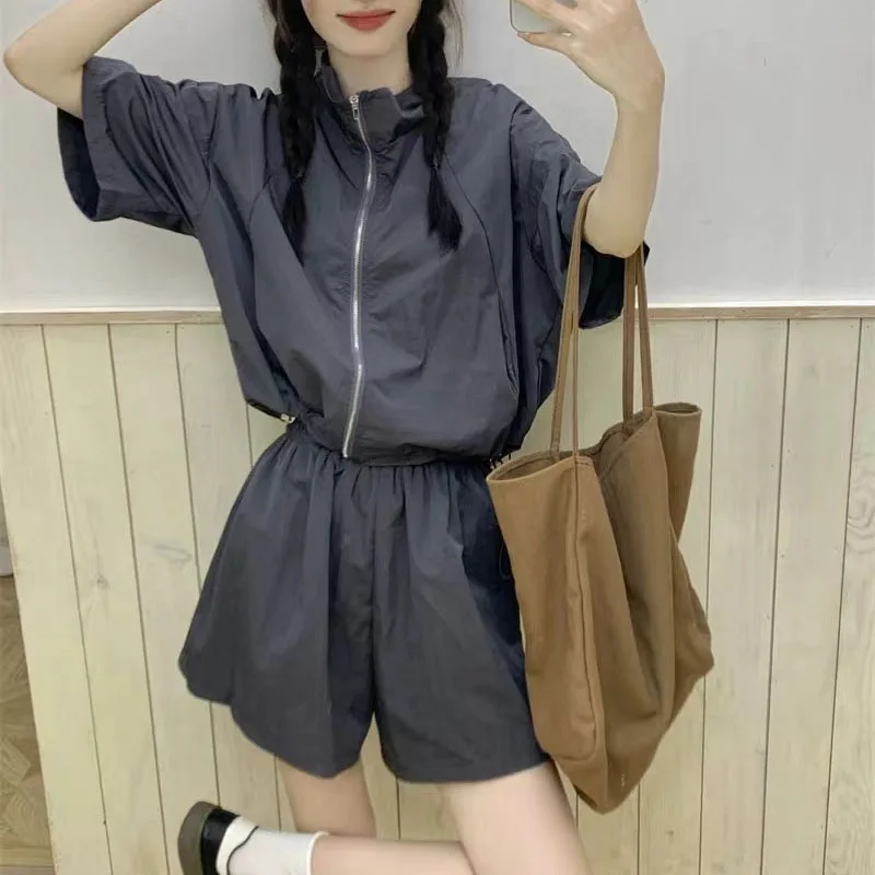 Casual Quick Dry Sports Two Piece Sets Women Summer 2025 New Thin Short Sleeve Jacket + Shorts Korean Chic Loose Two-Piece Suit