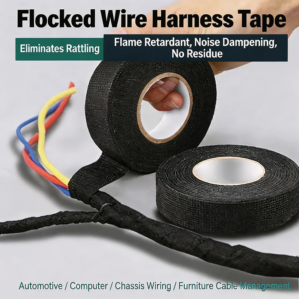 15M Black Automotive Fleece Wire Harness Tape Heat Resistant Flame Retardant Car Fabric Loom Tape Noise Dampening Self Adhesive