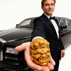 Boxwood Carving Fudo Ming Wang Buddha Head Handle, Wooden Hand-carved Evil Spirit Crafts, Men's Portable Pendant Statues