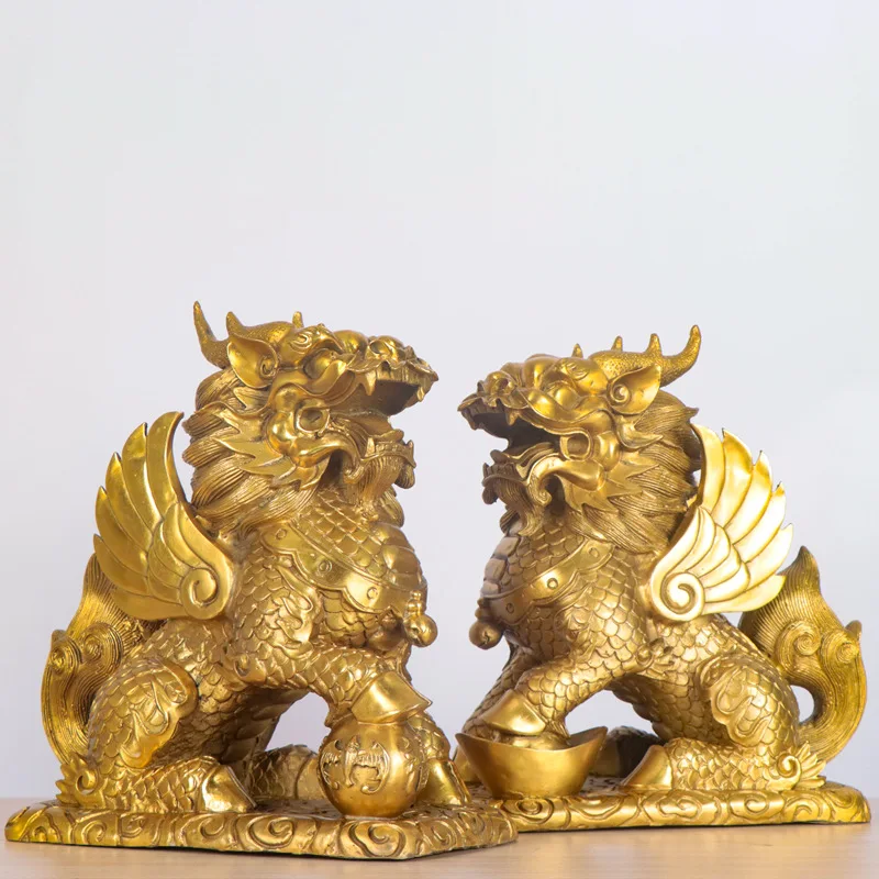 Metal Crafts Gifts Home Furnishing Office Place 1 Pair of Caifu Qilin Sitting Qilin Pure Copper Qilin Home Decor