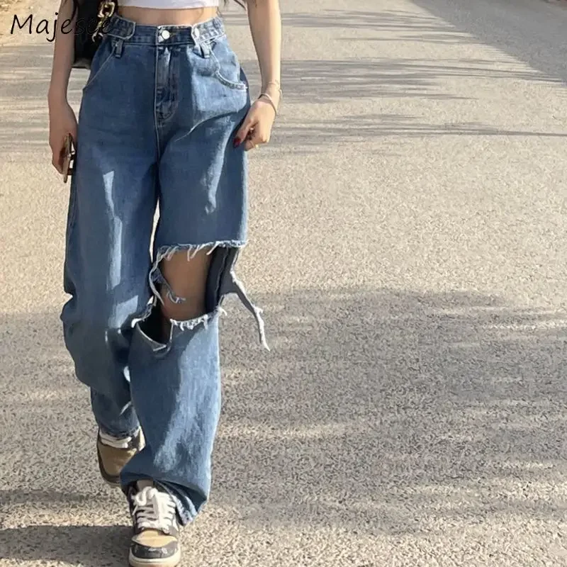 Jeans da donna con foro vintage streetwear vita alta stile coreano hip-hop elegante pantaloni a gamba larga femminile quotidiano adolescenti tutto-fiammifero alla moda