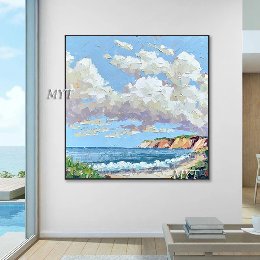 Abstract Clouds Wall Art, Thick Acrylic Textured, Cheap Canvas Artwork, Unframed, Sea Landscape Picture, Palette Knife Painting