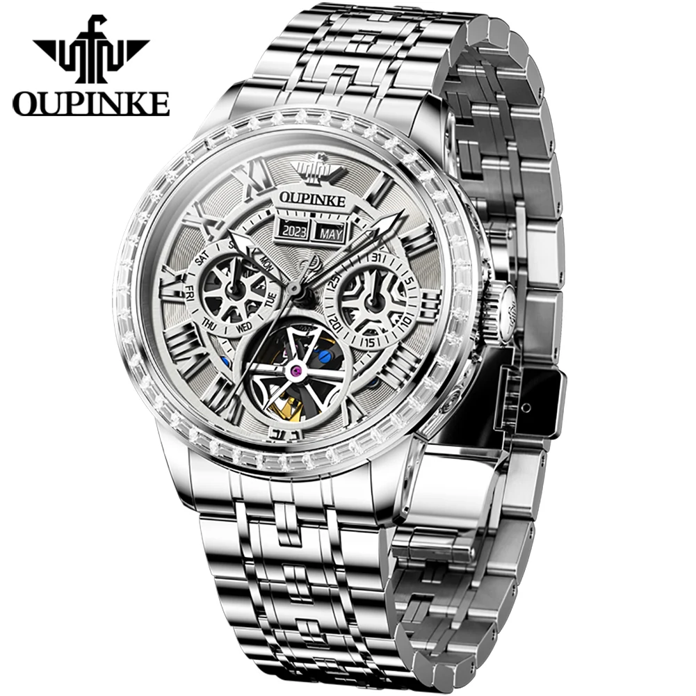 OUPINKE High Quality Brand Men\'s Watches Multifunctional Hollow Out Automatic Mechanical Watch Diamond Dial Sapphire Waterproof