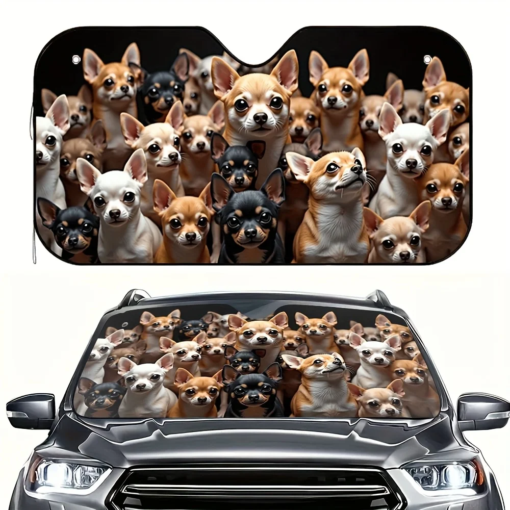1pc Adorable Chihuahua Dog Gathering Feast Print Car Sunshade - Universal Fit Windshield Visor, Keeps Your Car Cool & Stylish, B