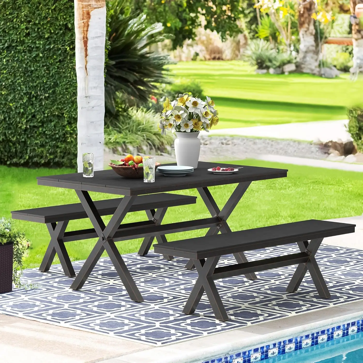 

3 Pieces Patio Table Set, HDPS and Aluminum Material, Outdoor Dining Table Set with 2 Benches, Weather Resistant