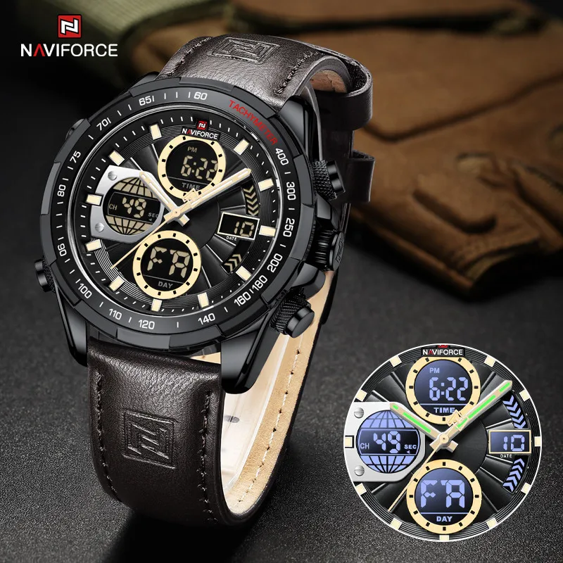 

NAVIFORCE Mens Watches Military Sport Luminous Big Dial Dual Time Led Digital Leather Strap Waterproof Watches Relogio Masculino